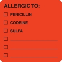 MAP4890 - ALLERGIC TO: - Fl Red 2" X 2" (Roll of 250) - SHIPS FREE